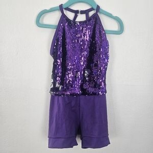 Weissman Purple Sequin Halter Dance Leotard‎ Costume Child Small SC Style 13420